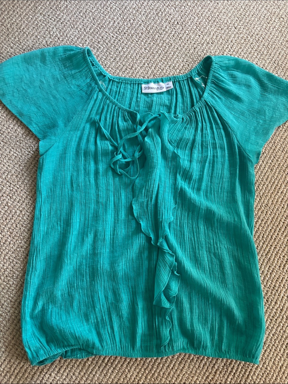 St. John's Bay Teal Ruffle-Tie Peasant Top